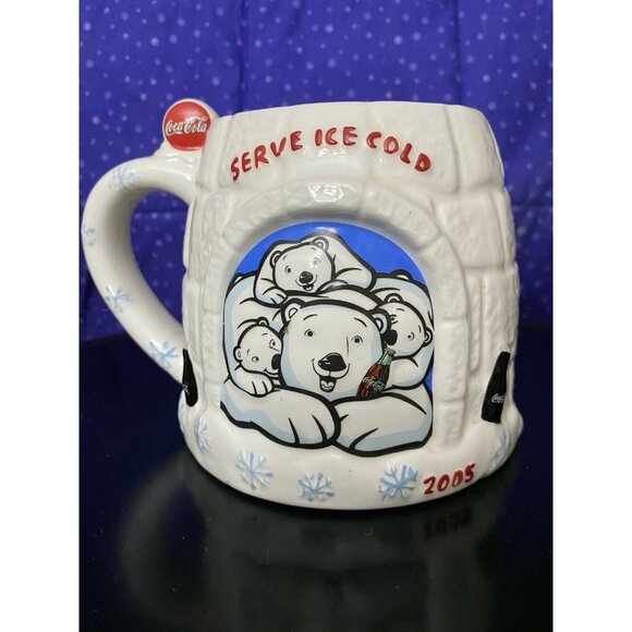 Coca-Cola Polar Bear Igloo Mug 2005 Houston Harvest Ceramic 4" Tall - Picture 1 of 7